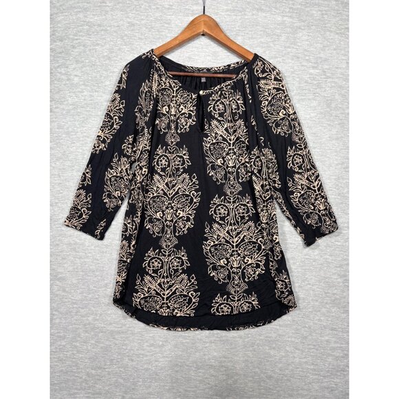 Lucky Brand Womens Blouse 1X Floral Black Beige Viscose 3/4 Sleeve Boho Chic Tun - Picture 1 of 6